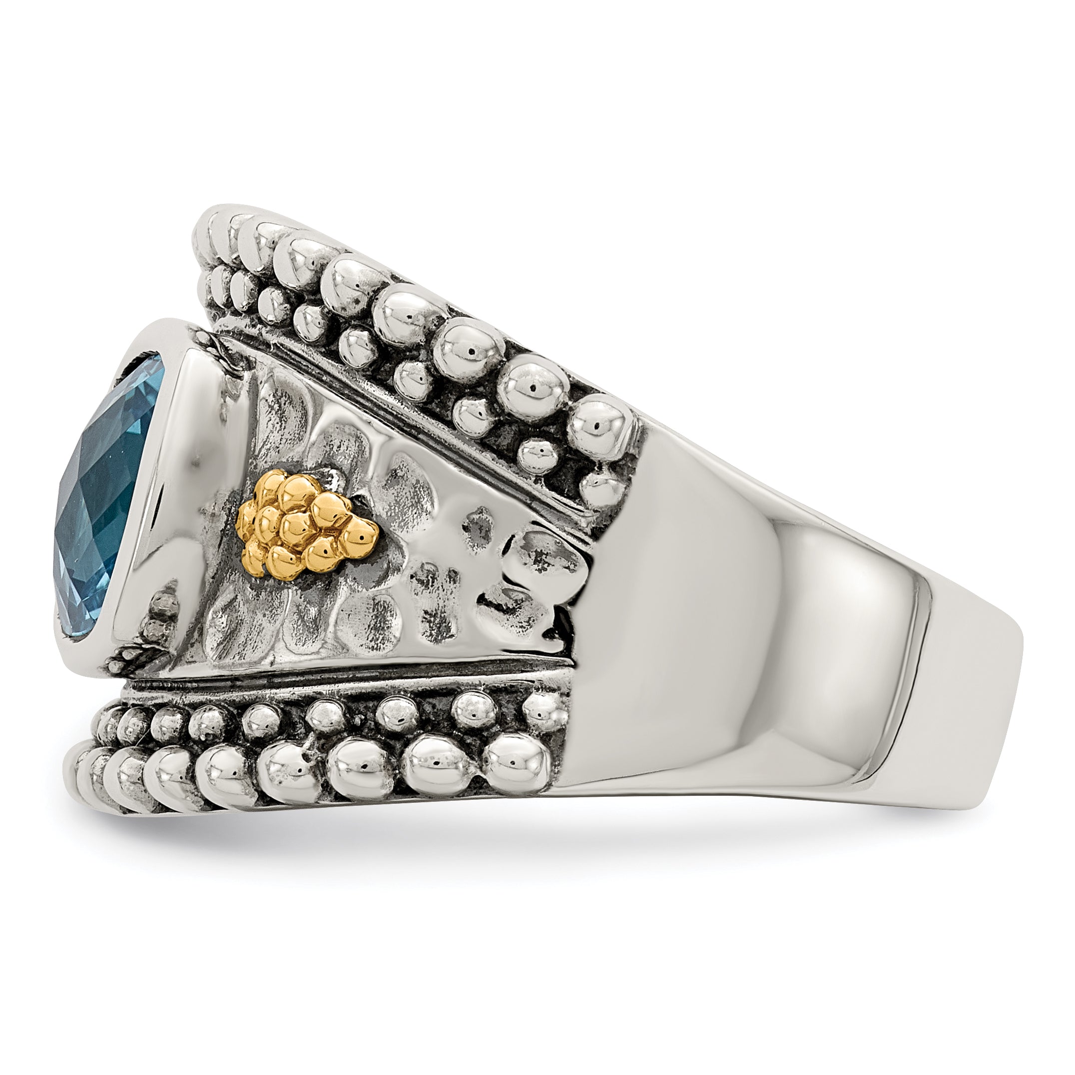 14K/Silver Two Tone Shey Couture Sterling Silver With 14K Accent Antiqued Checkerboard Bezel Blue Topaz Ring