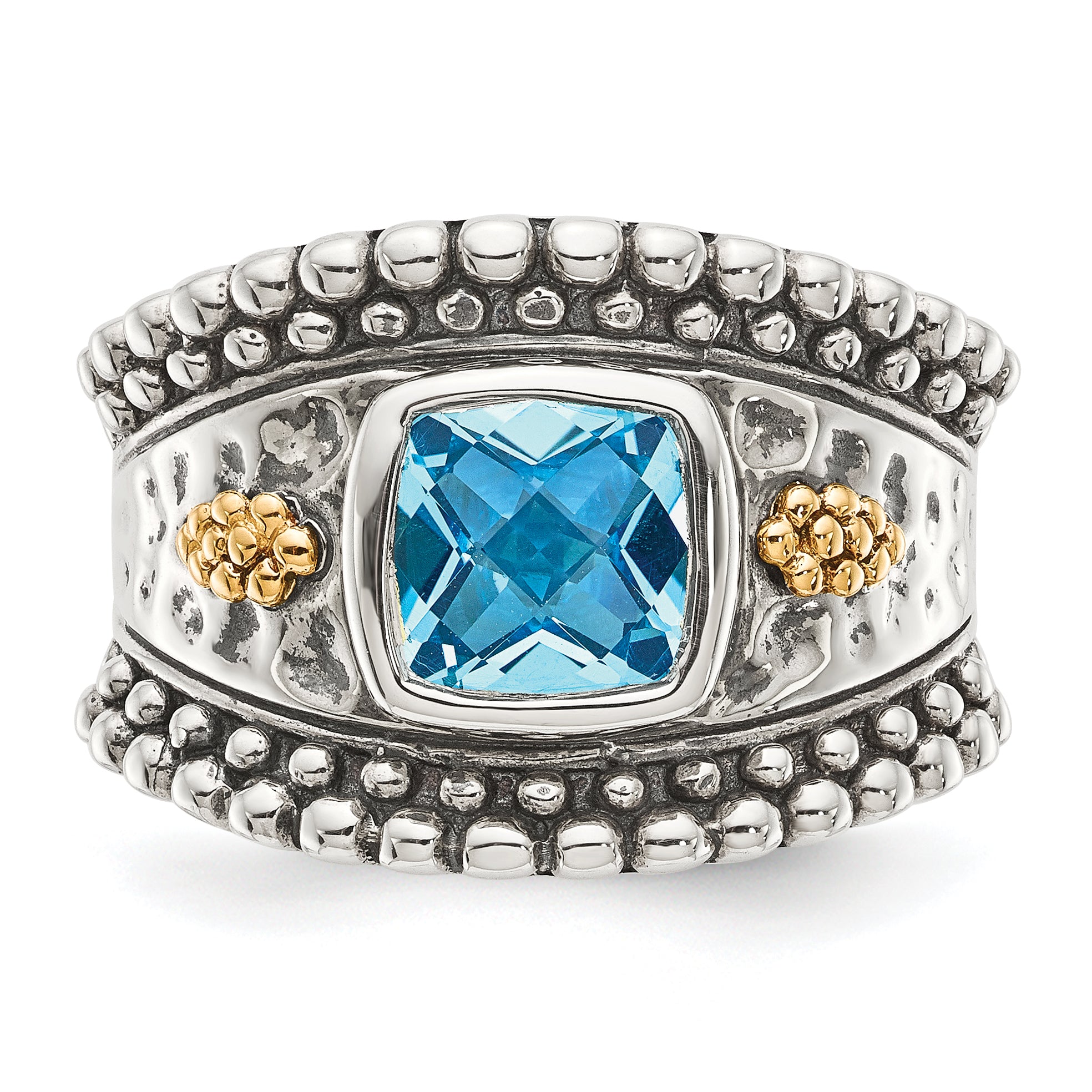 14K/Silver Two Tone Shey Couture Sterling Silver With 14K Accent Antiqued Checkerboard Bezel Blue Topaz Ring