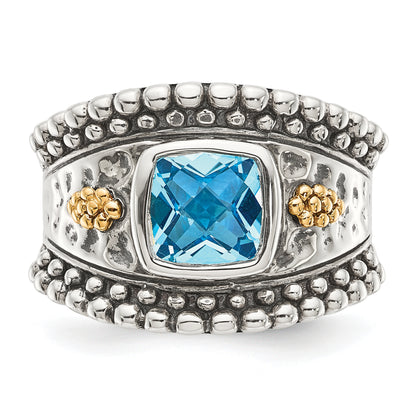 14K/Silver Two Tone Shey Couture Sterling Silver With 14K Accent Antiqued Checkerboard Bezel Blue Topaz Ring