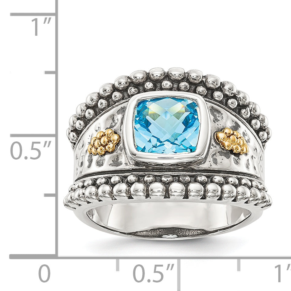 14K/Silver Two Tone Shey Couture Sterling Silver With 14K Accent Antiqued Checkerboard Bezel Blue Topaz Ring