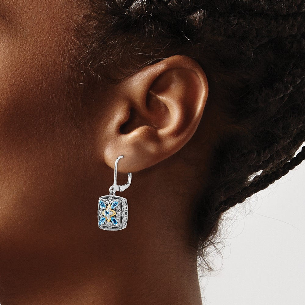 14K/Silver Two Tone Shey Couture Sterling Silver With 14K Accent Antiqued Diamond And Marquise Blue Topaz Leverback Earrings