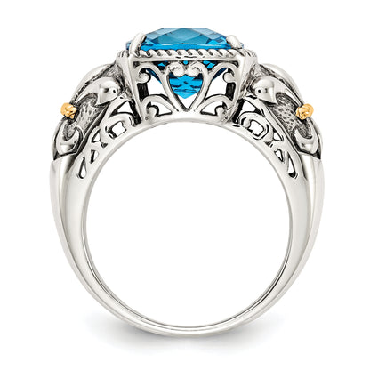 14K/Silver Two Tone Shey Couture Sterling Silver With 14K Accent Antiqued Cushion Checkerboard Blue Topaz Ring