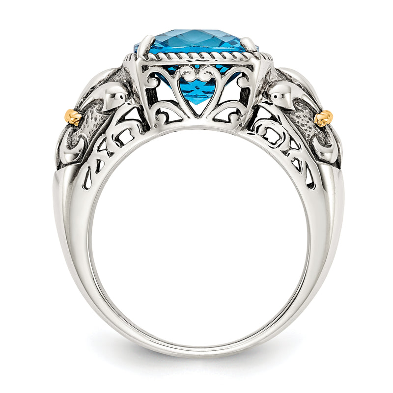 14K/Silver Two Tone Shey Couture Sterling Silver With 14K Accent Antiqued Cushion Checkerboard Blue Topaz Ring