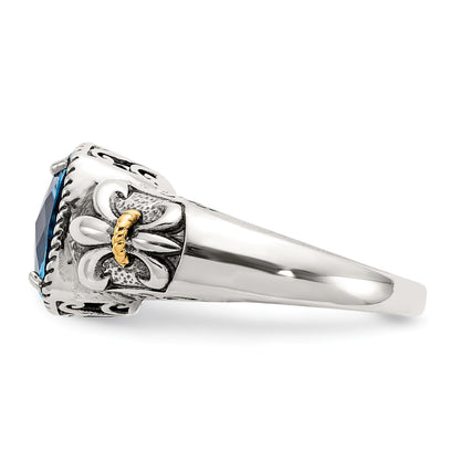 14K/Silver Two Tone Shey Couture Sterling Silver With 14K Accent Antiqued Cushion Checkerboard Blue Topaz Ring