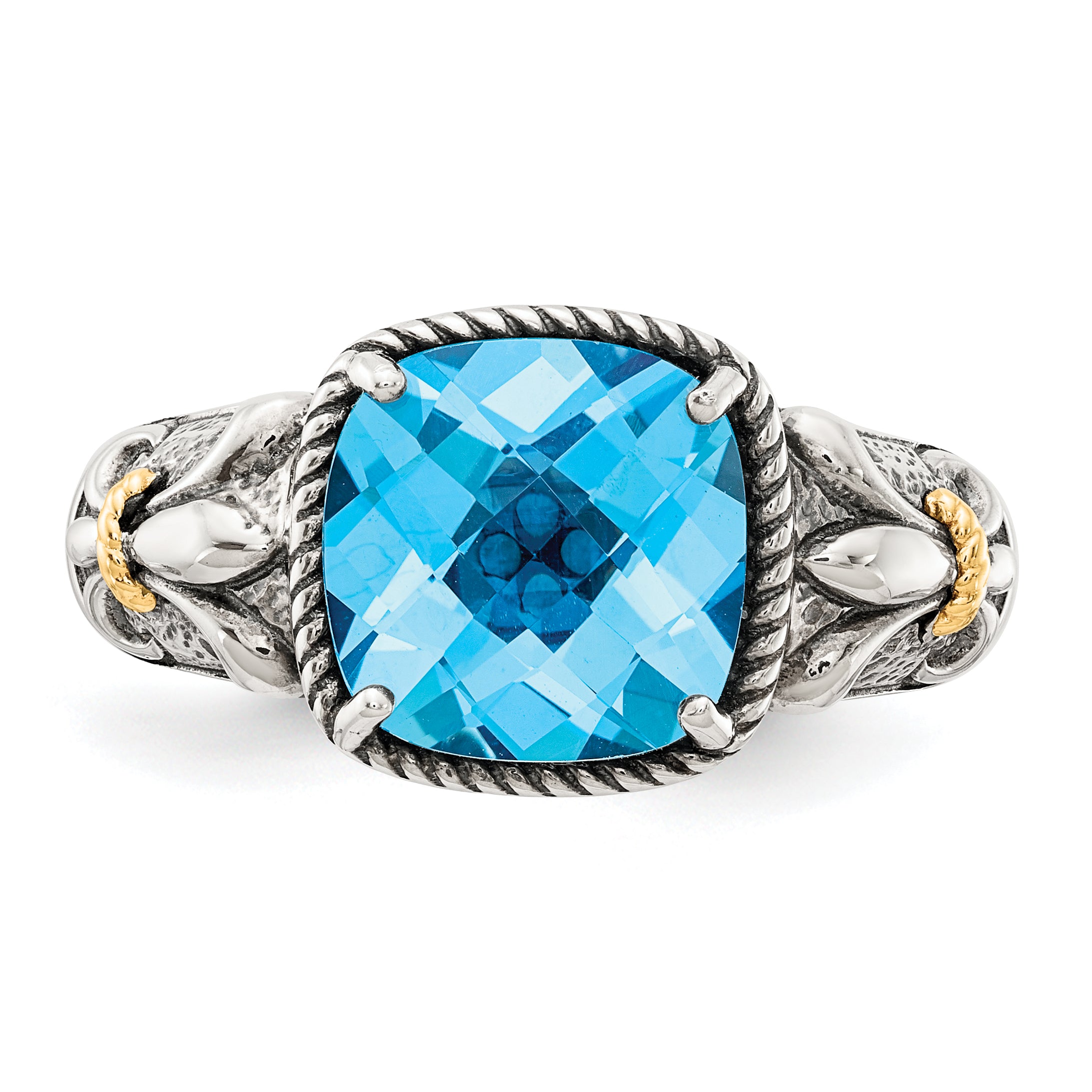 14K/Silver Two Tone Shey Couture Sterling Silver With 14K Accent Antiqued Cushion Checkerboard Blue Topaz Ring