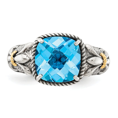 14K/Silver Two Tone Shey Couture Sterling Silver With 14K Accent Antiqued Cushion Checkerboard Blue Topaz Ring