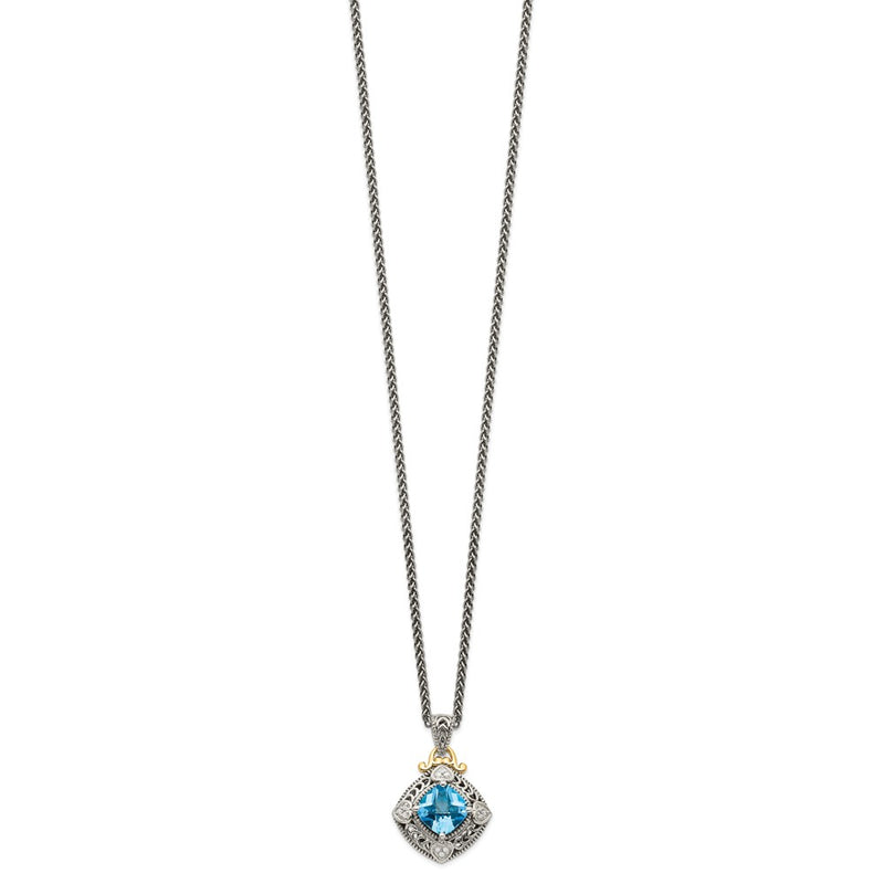 14K/Silver Two Tone Shey Couture Sterling Silver With 14K Accent 18 Inch Antiqued Diamond And Cushion Blue Topaz Necklace