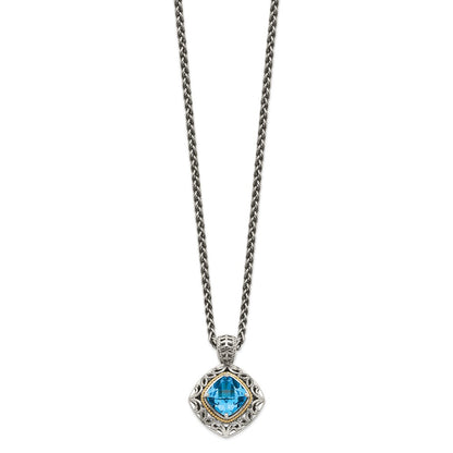 14K/Silver Two Tone Shey Couture Sterling Silver With 14K Accent 18 Inch Antiqued Cushion Blue Topaz Necklace