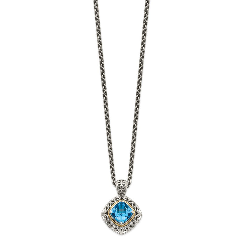 14K/Silver Two Tone Shey Couture Sterling Silver With 14K Accent 18 Inch Antiqued Cushion Blue Topaz Necklace