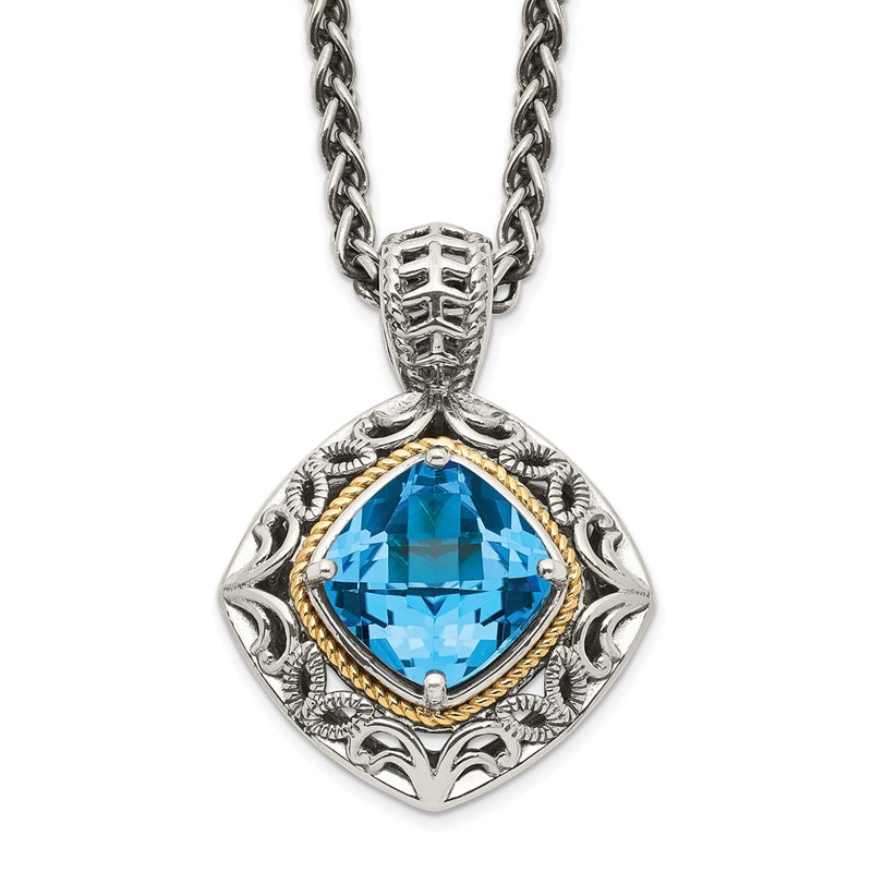 14K/Silver Two Tone Shey Couture Sterling Silver With 14K Accent 18 Inch Antiqued Cushion Blue Topaz Necklace