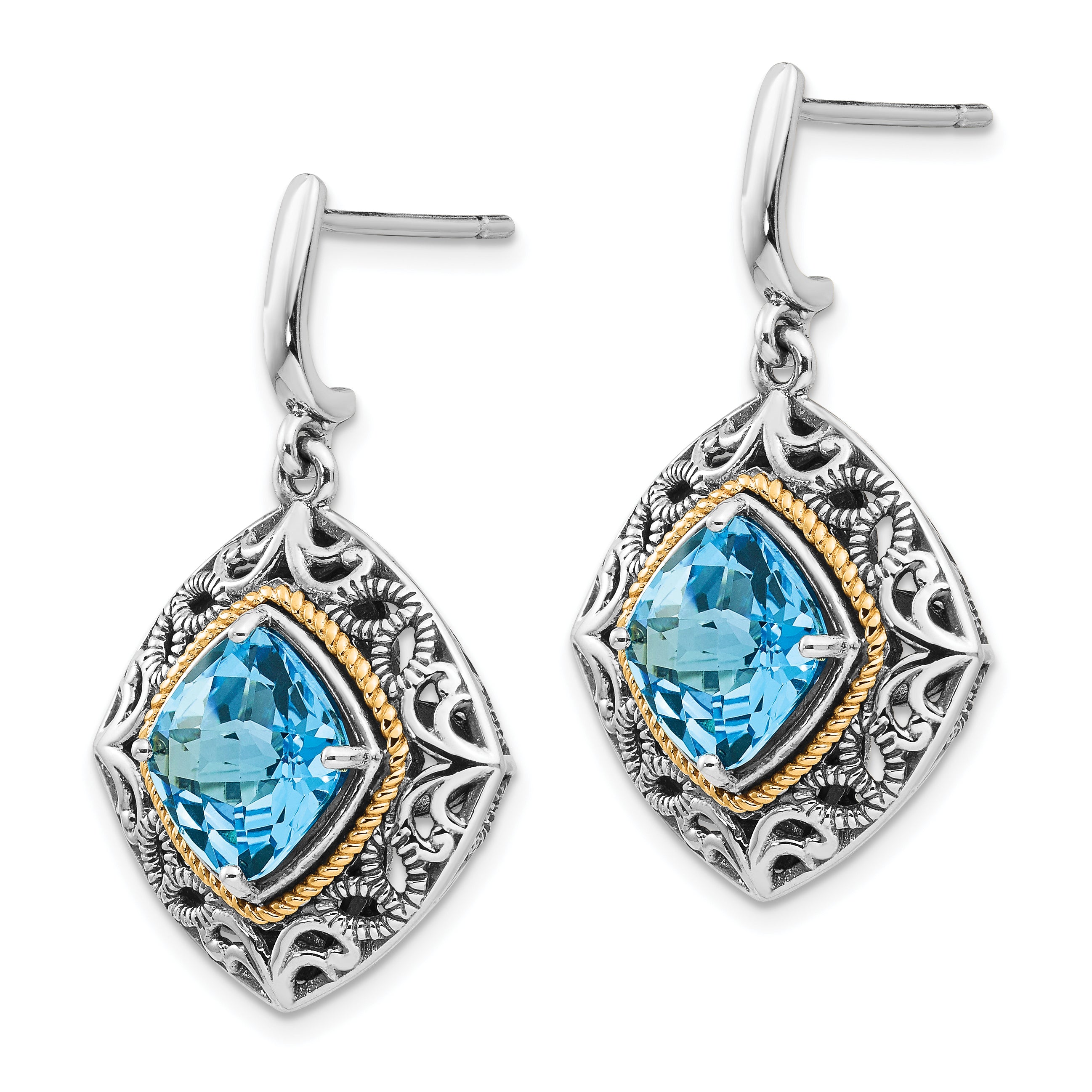14K/Silver Two Tone Shey Couture Sterling Silver With 14K Accent Antiqued Cushion Blue Topaz Post Dangle Earrings
