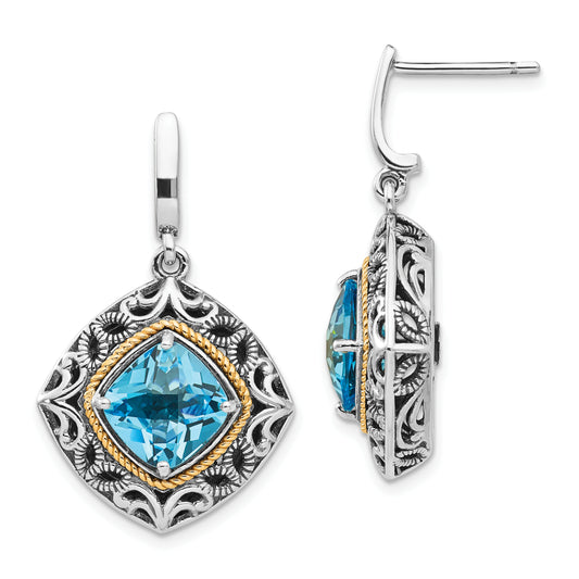 14K/Silver Two Tone Shey Couture Sterling Silver With 14K Accent Antiqued Cushion Blue Topaz Post Dangle Earrings