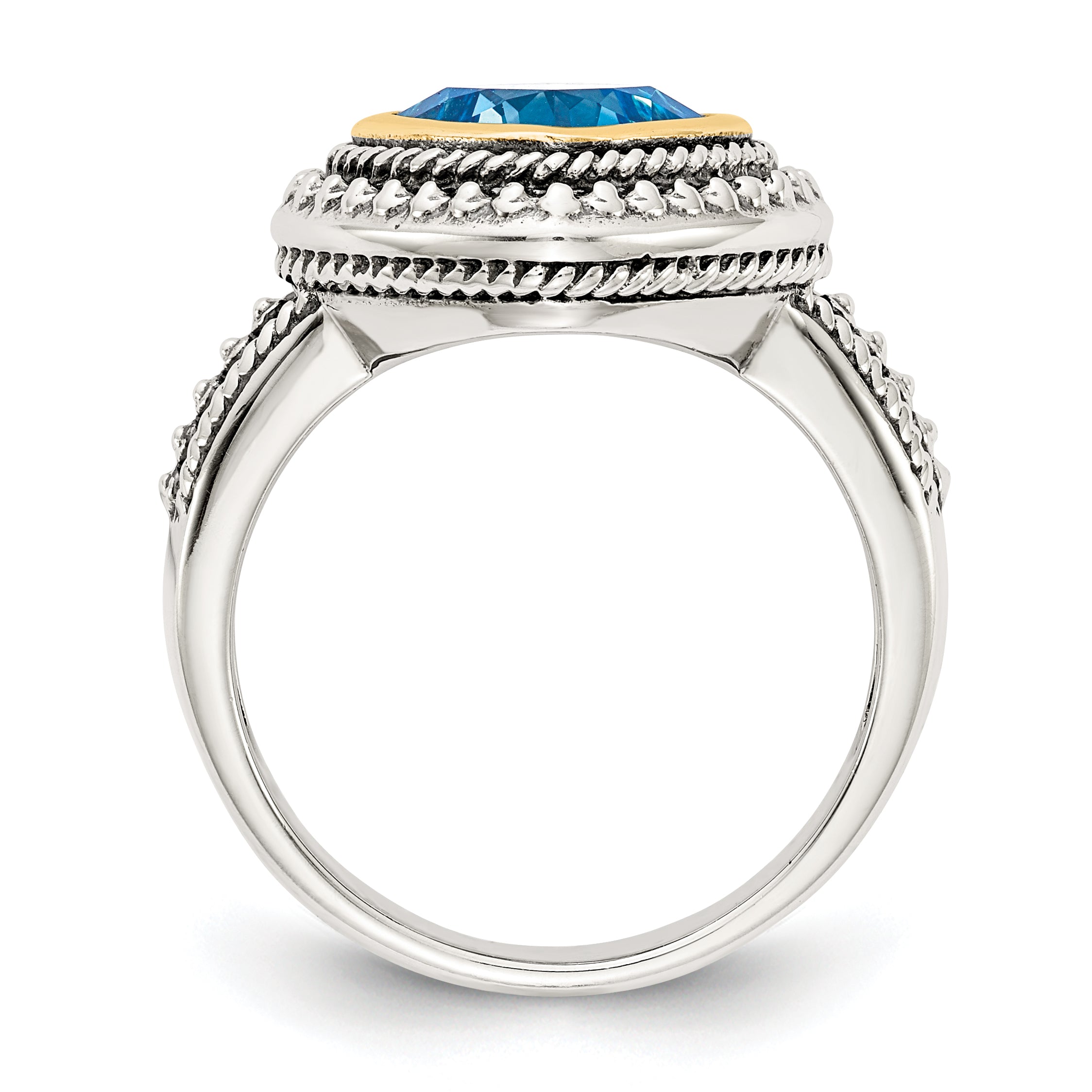 14K/Silver Two Tone Shey Couture Sterling Silver With 14K Accent Antiqued Cushion Bezel Blue Topaz Ring (Size 8 Only)