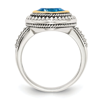 14K/Silver Two Tone Shey Couture Sterling Silver With 14K Accent Antiqued Cushion Bezel Blue Topaz Ring (Size 8 Only)