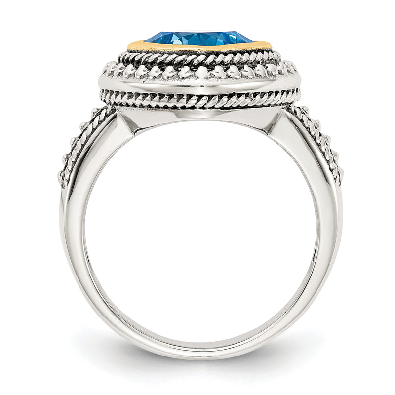 14K/Silver Two Tone Shey Couture Sterling Silver With 14K Accent Antiqued Cushion Bezel Blue Topaz Ring (Size 8 Only)