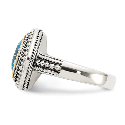 14K/Silver Two Tone Shey Couture Sterling Silver With 14K Accent Antiqued Cushion Bezel Blue Topaz Ring (Size 8 Only)