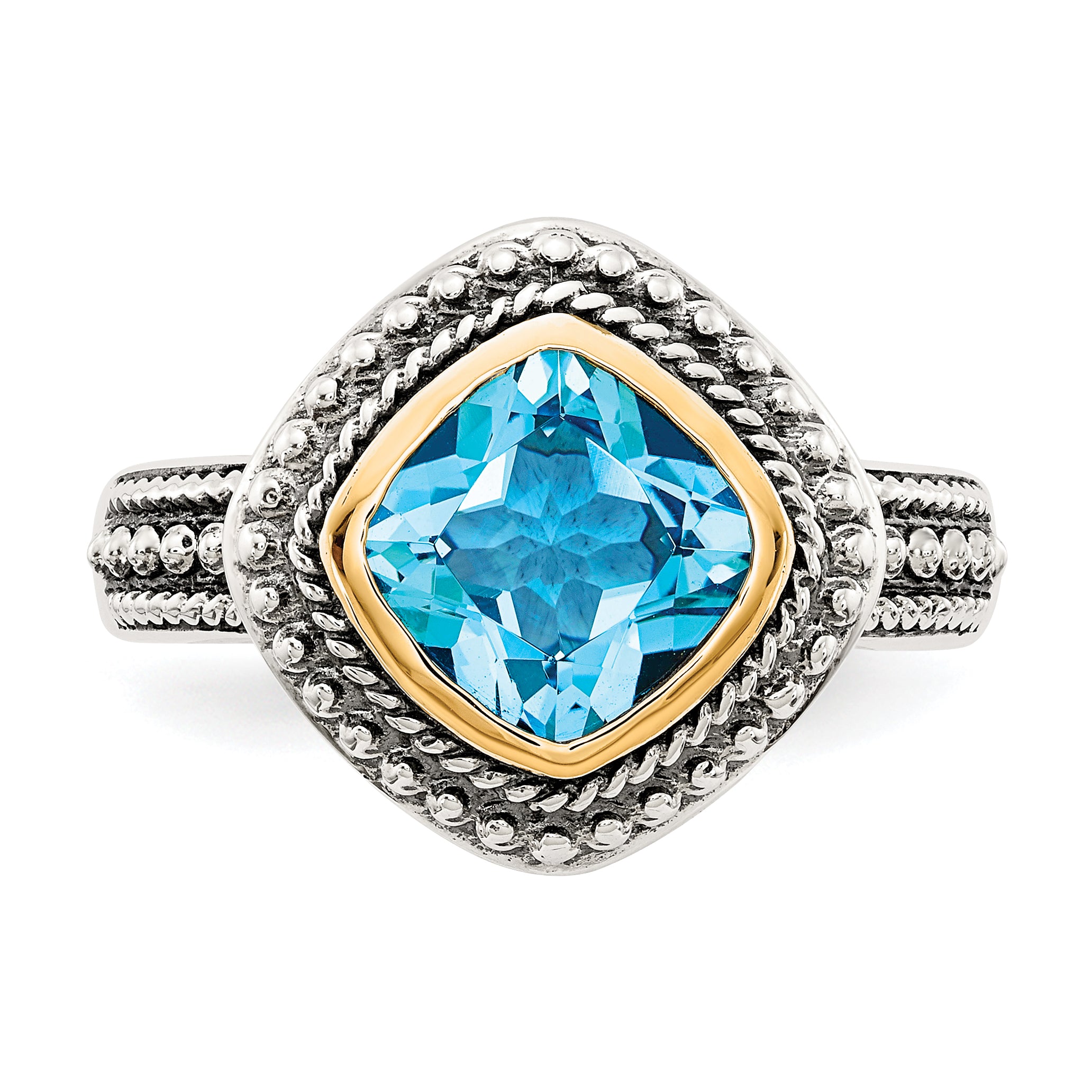 14K/Silver Two Tone Shey Couture Sterling Silver With 14K Accent Antiqued Cushion Bezel Blue Topaz Ring (Size 8 Only)