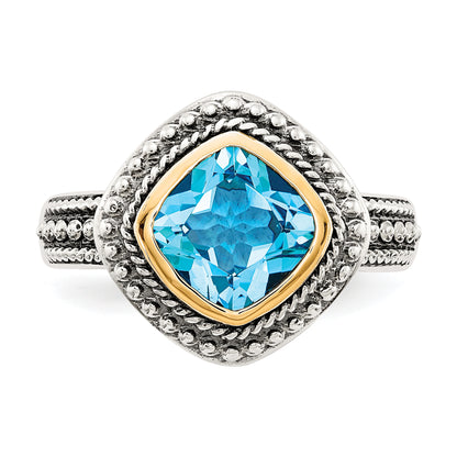 14K/Silver Two Tone Shey Couture Sterling Silver With 14K Accent Antiqued Cushion Bezel Blue Topaz Ring (Size 8 Only)
