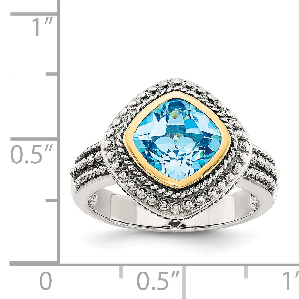 14K/Silver Two Tone Shey Couture Sterling Silver With 14K Accent Antiqued Cushion Bezel Blue Topaz Ring (Size 8 Only)