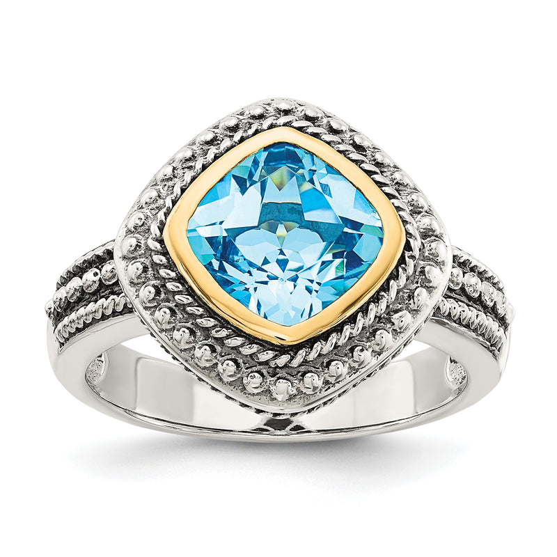 14K/Silver Two Tone Shey Couture Sterling Silver With 14K Accent Antiqued Cushion Bezel Blue Topaz Ring (Size 8 Only)