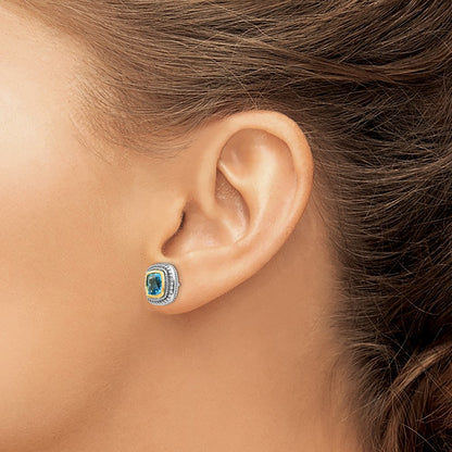 14K/Silver Two Tone Shey Couture Sterling Silver With 14K Accent Antiqued Cushion Bezel Blue Topaz Post Earrings