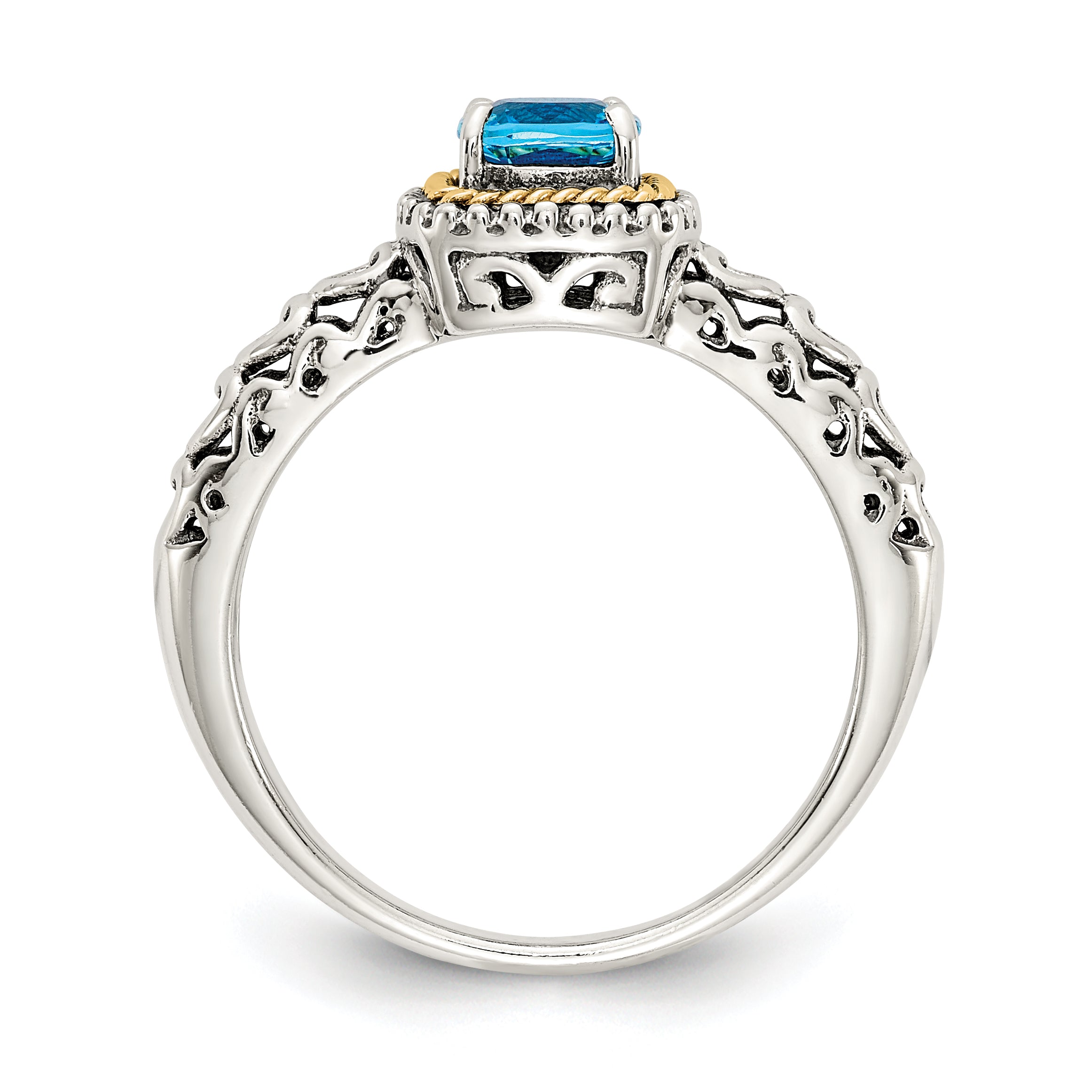 14K/Silver Two Tone Shey Couture Sterling Silver With 14K Accent Antiqued Cushion Blue Topaz Ring