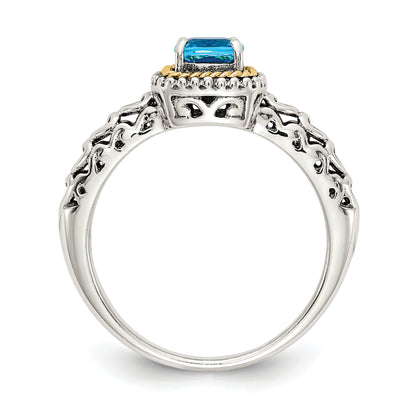 14K/Silver Two Tone Shey Couture Sterling Silver With 14K Accent Antiqued Cushion Blue Topaz Ring