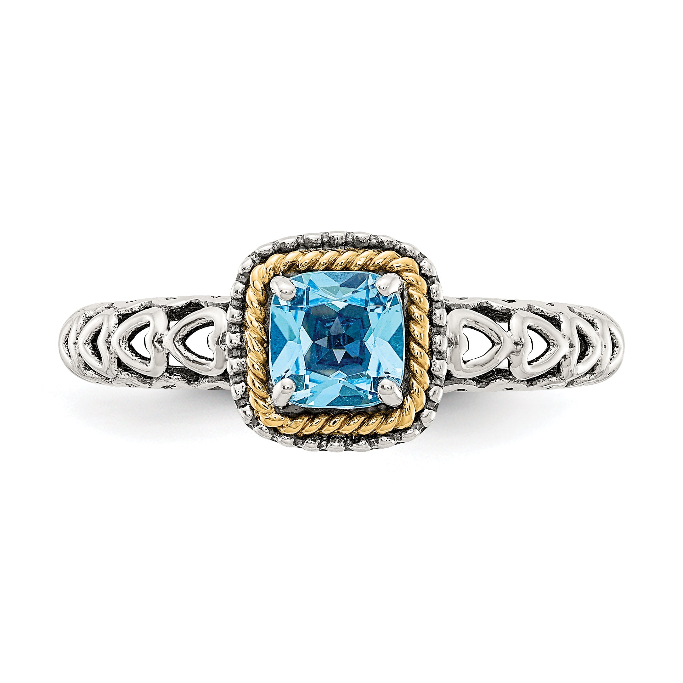 14K/Silver Two Tone Shey Couture Sterling Silver With 14K Accent Antiqued Cushion Blue Topaz Ring