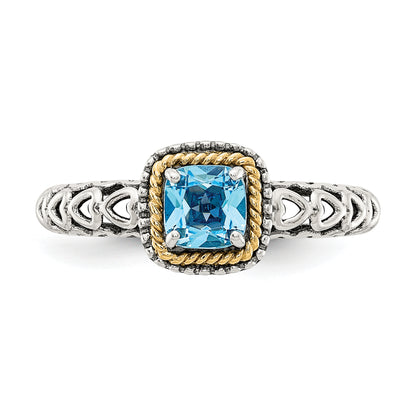 14K/Silver Two Tone Shey Couture Sterling Silver With 14K Accent Antiqued Cushion Blue Topaz Ring