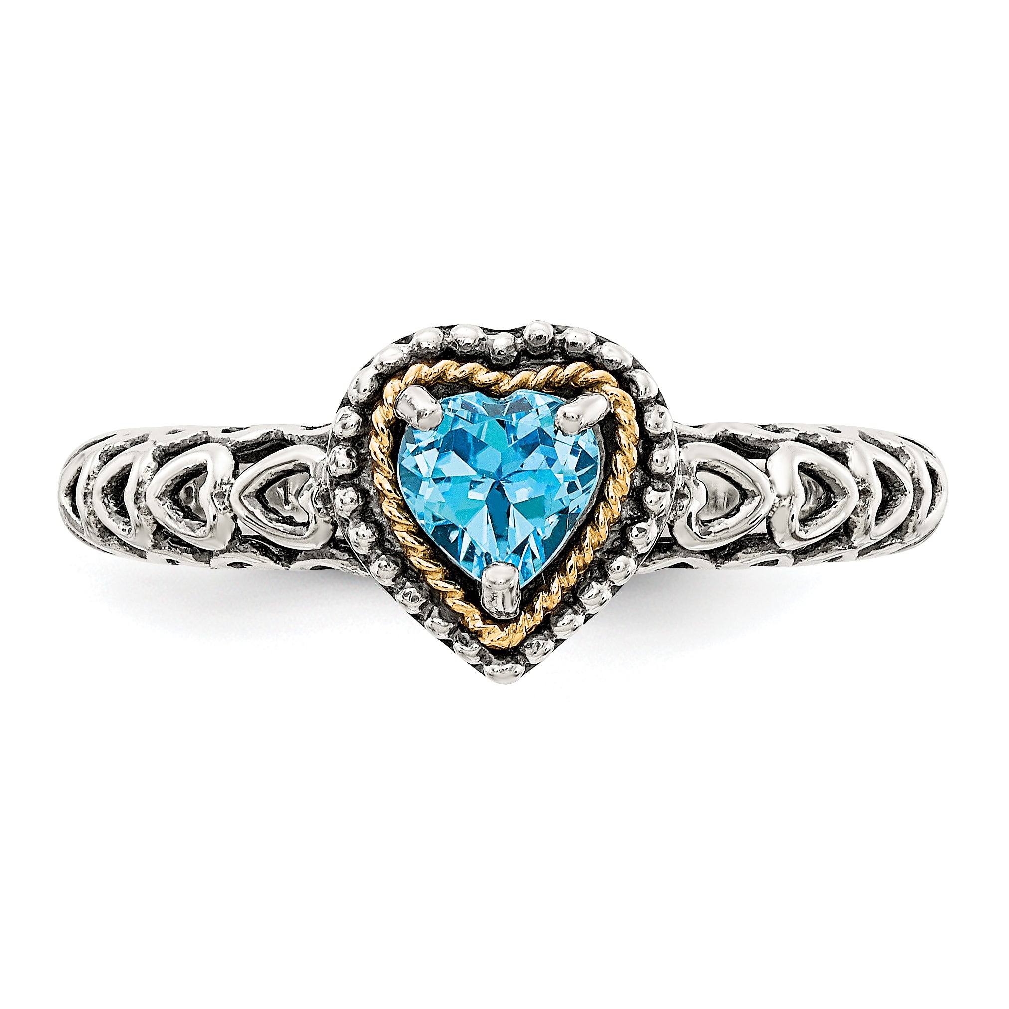 14K/Silver Two Tone Shey Couture Sterling Silver With 14K Accent Antiqued Blue Topaz Heart Ring