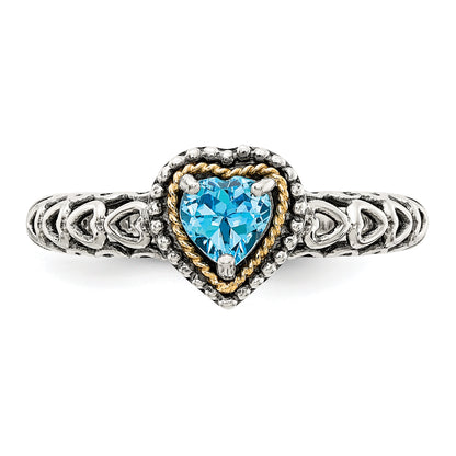 14K/Silver Two Tone Shey Couture Sterling Silver With 14K Accent Antiqued Blue Topaz Heart Ring
