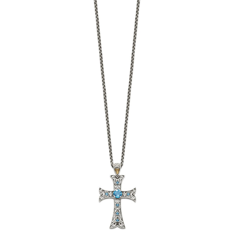 14K/Silver Two Tone Shey Couture Sterling Silver Rhodium Plated With 14K Accent 18 Inch Antiqued Round Blue Topaz Cross Necklace