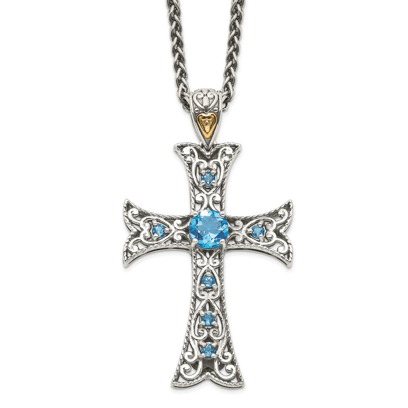 14K/Silver Two Tone Shey Couture Sterling Silver Rhodium Plated With 14K Accent 18 Inch Antiqued Round Blue Topaz Cross Necklace