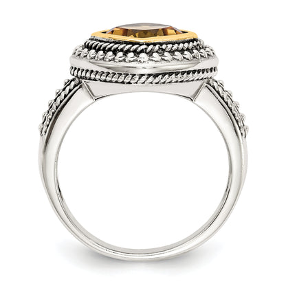 14K/Silver Two Tone Shey Couture Sterling Silver With 14K Accent Antiqued Cushion Bezel Citrine Ring