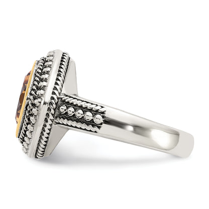 14K/Silver Two Tone Shey Couture Sterling Silver With 14K Accent Antiqued Cushion Bezel Citrine Ring