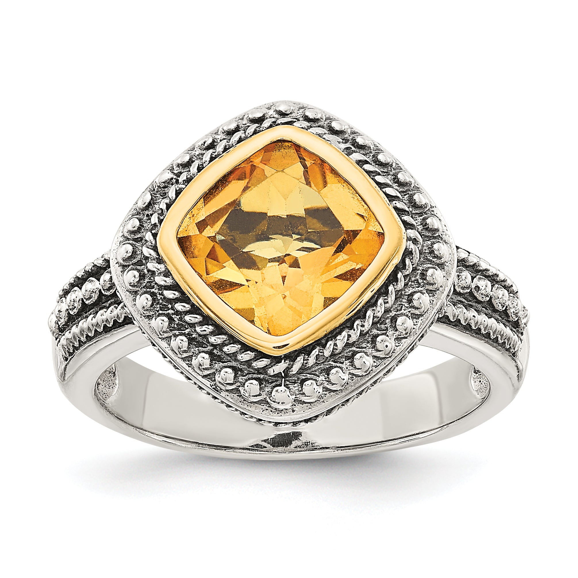14K/Silver Two Tone Shey Couture Sterling Silver With 14K Accent Antiqued Cushion Bezel Citrine Ring