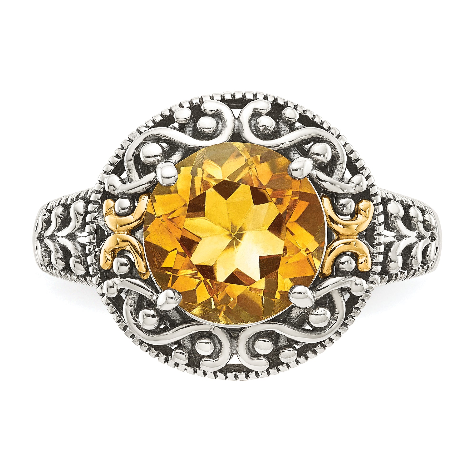 14K/Silver Two Tone Shey Couture Sterling Silver With 14K Accent Antiqued Round Citrine Ring