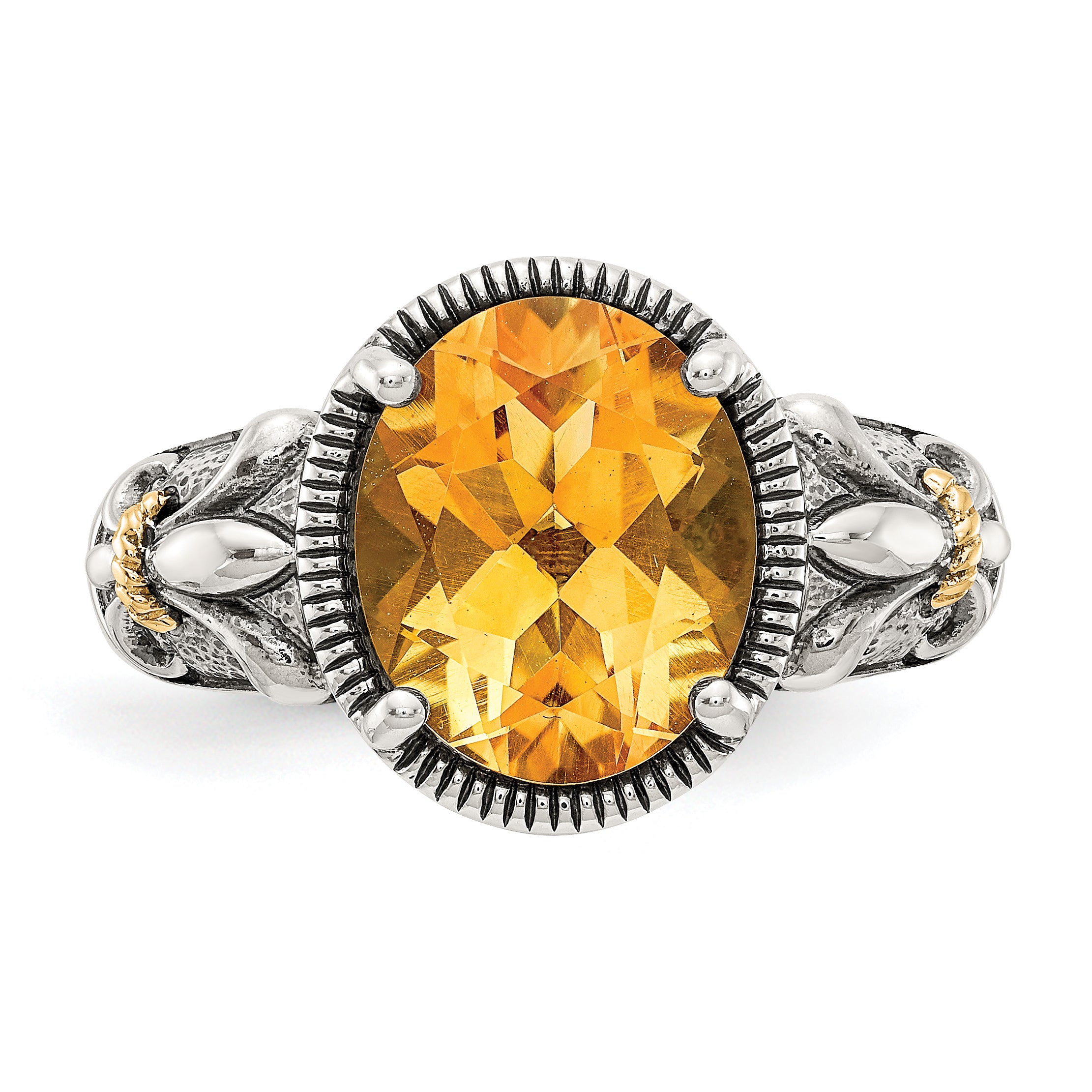14K/Silver Two Tone Shey Couture Sterling Silver With 14K Accent Antiqued Oval Citrine Ring