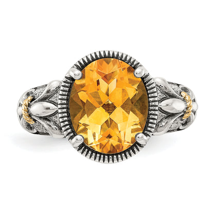 14K/Silver Two Tone Shey Couture Sterling Silver With 14K Accent Antiqued Oval Citrine Ring