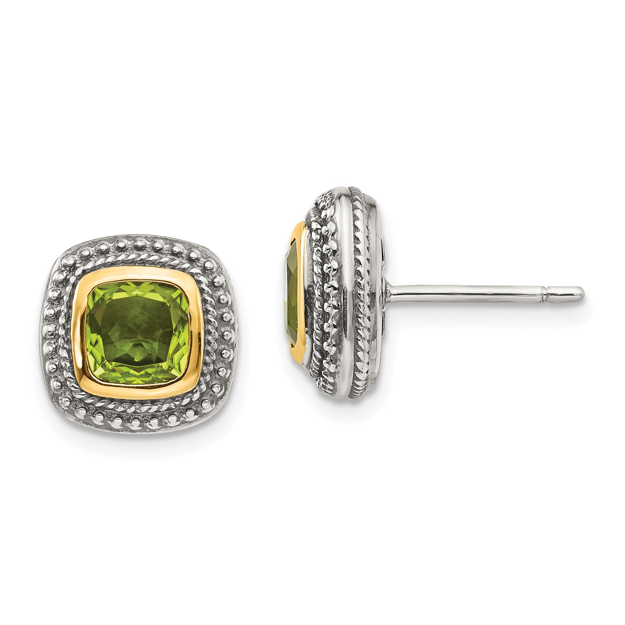 14K/Silver Two Tone Shey Couture Sterling Silver With 14K Accent Antiqued Cushion Bezel Peridot Post Earrings