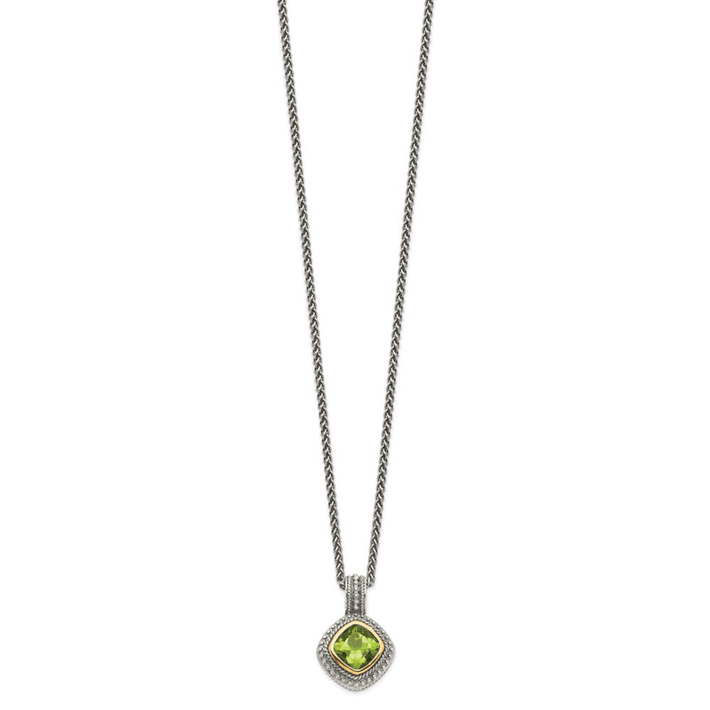 14K/Silver Two Tone Shey Couture Sterling Silver With 14K Accent 18 Inch Antiqued Cushion Bezel Peridot Necklace