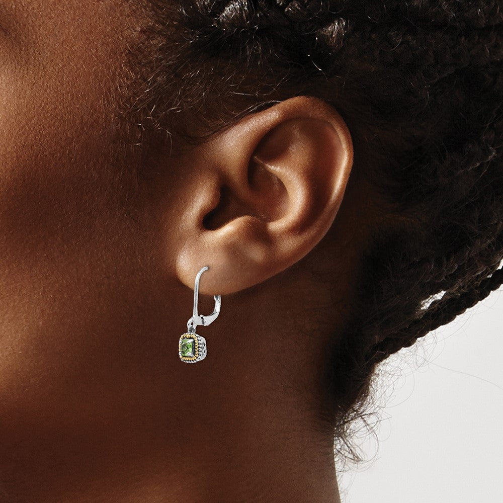 14K/Silver Two Tone Shey Couture Sterling Silver With 14K Accent Antiqued Cushion Peridot Leverback Earrings