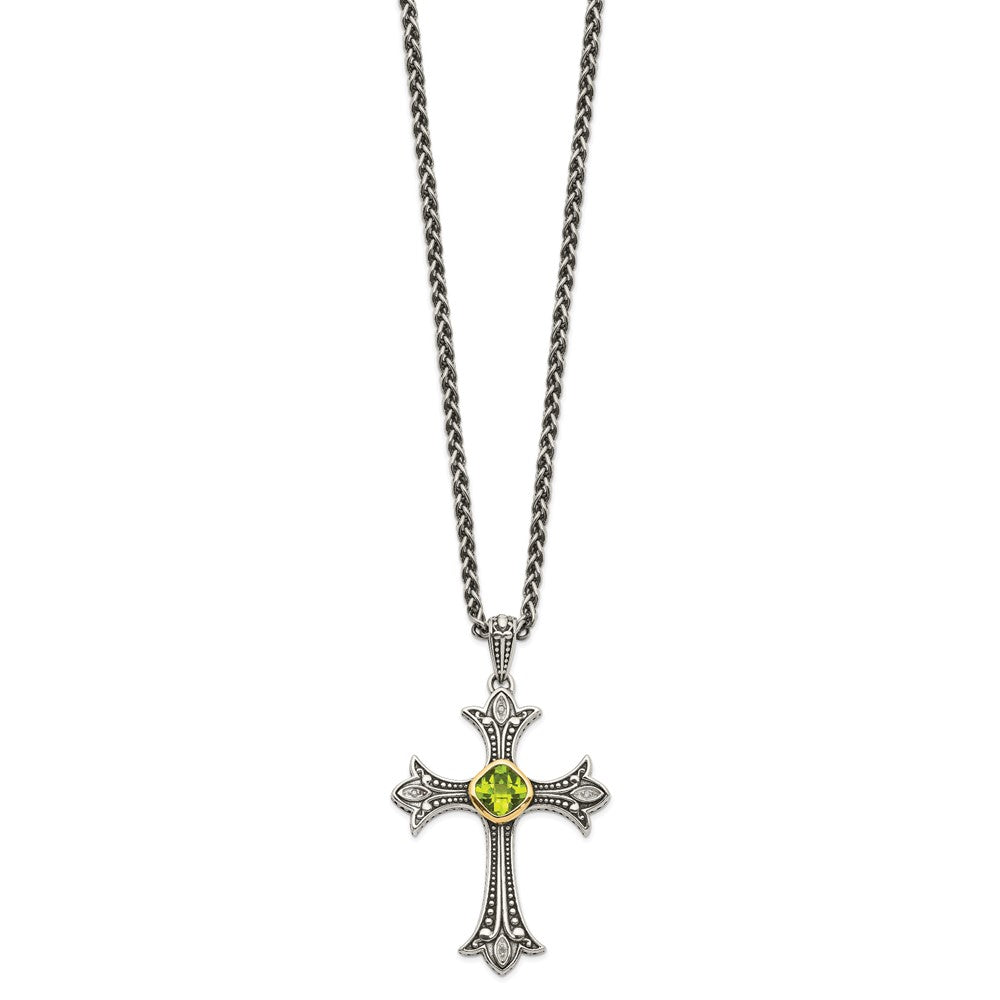 14K/Silver Two Tone Shey Couture Sterling Silver With 14K Accent 18 Inch Antiqued Diamond And Cushion Bezel Peridot Necklace