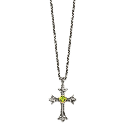 14K/Silver Two Tone Shey Couture Sterling Silver With 14K Accent 18 Inch Antiqued Diamond And Cushion Bezel Peridot Necklace
