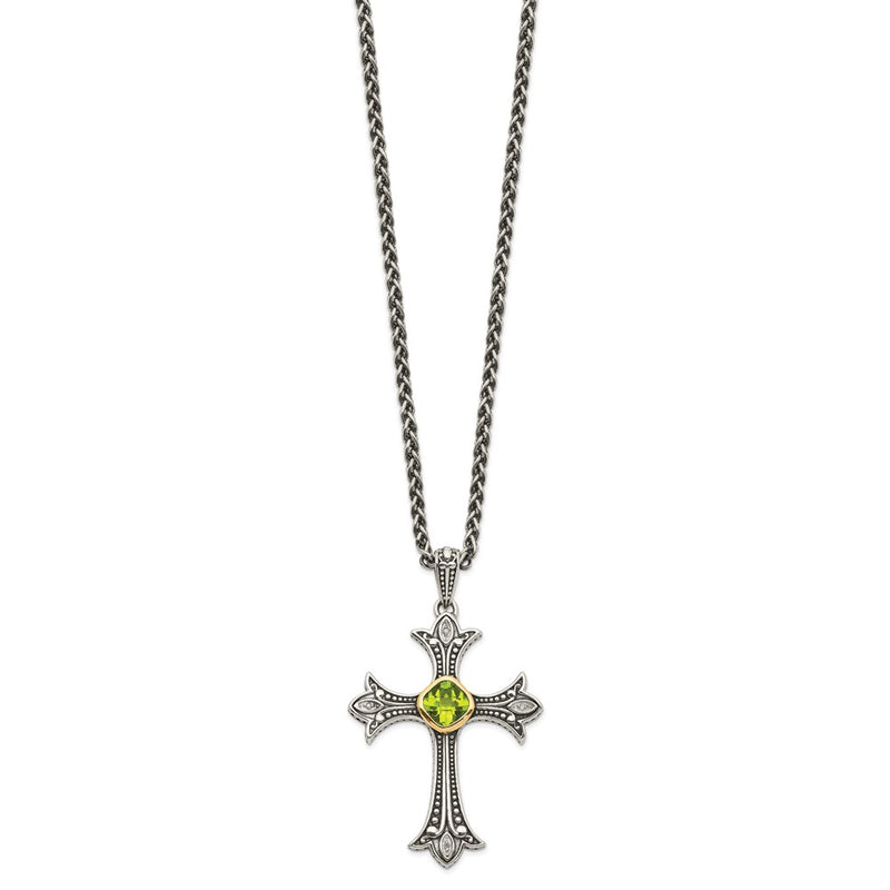 14K/Silver Two Tone Shey Couture Sterling Silver With 14K Accent 18 Inch Antiqued Diamond And Cushion Bezel Peridot Necklace