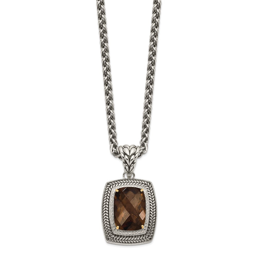 14K/Silver Two Tone Shey Couture Sterling Silver With 14K Accent 18 Inch Antiqued Cushion Checkerboard Smoky Quartz Necklace