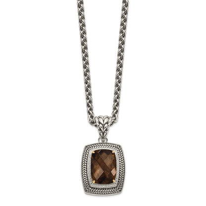 14K/Silver Two Tone Shey Couture Sterling Silver With 14K Accent 18 Inch Antiqued Cushion Checkerboard Smoky Quartz Necklace