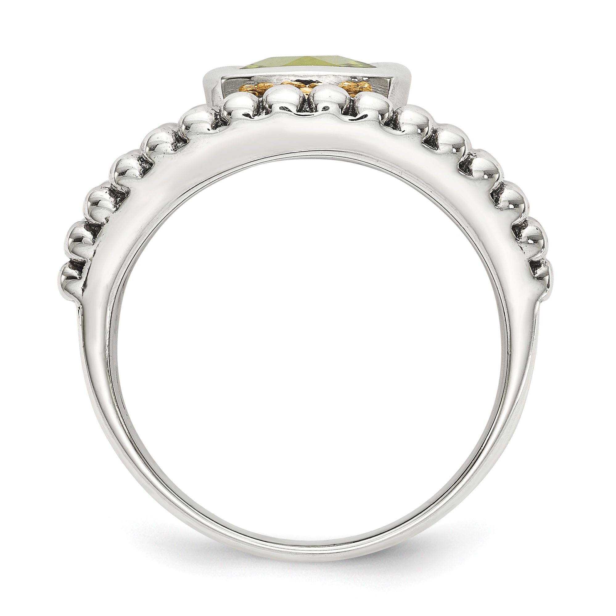 14K/Silver Two Tone Shey Couture Sterling Silver With 14K Accent Antiqued Cushion Bezel Peridot Ring