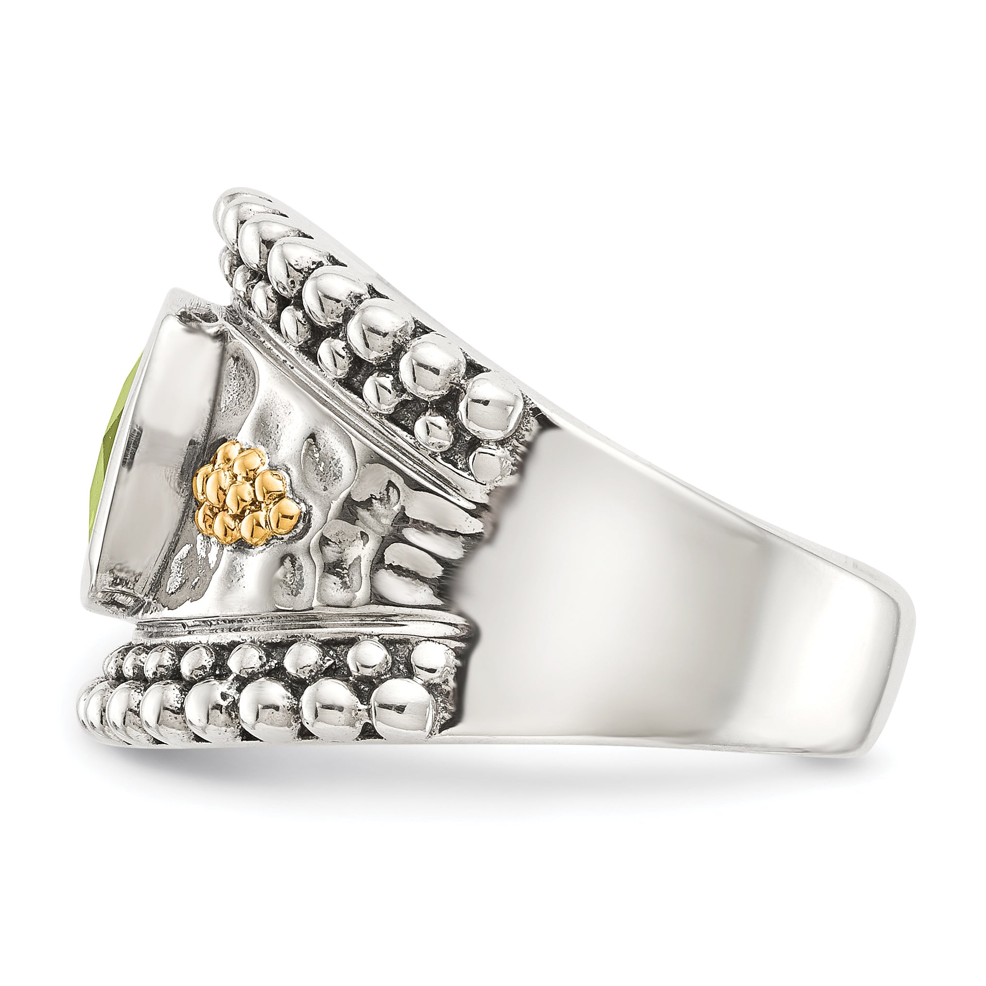 14K/Silver Two Tone Shey Couture Sterling Silver With 14K Accent Antiqued Cushion Bezel Peridot Ring