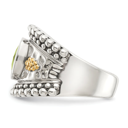 14K/Silver Two Tone Shey Couture Sterling Silver With 14K Accent Antiqued Cushion Bezel Peridot Ring